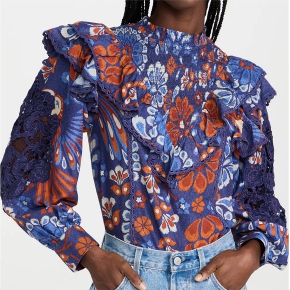 FARM RIO Smocked Pineapple Flowers Navy Blue Blouse Size X-LARGE Gorgeous! - Picture 1 of 13